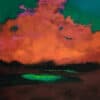 Vibrant abstract painting with fiery orange clouds and contrasting green highlights at The Kildare Gallery.