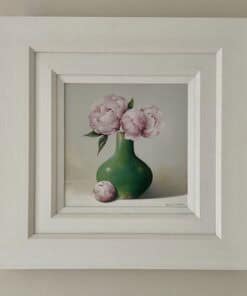 Vase with pink flowers painting displayed in a white frame at The Kildare Gallery.