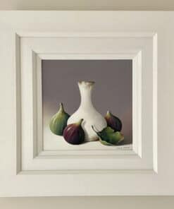 Violet and green figs with white ceramic vase, framed still life artwork at The Kildare Gallery.
