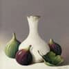 Vintage ceramic vase with painted figs on a neutral background.