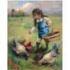 Young girl feeding chickens outdoor, vibrant realistic painting at The Kildare Gallery.