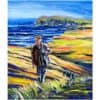 Vivid landscape painting of a coastal scene with a man and dog walking along the shore, with vibrant colours and expressive brushwork.
