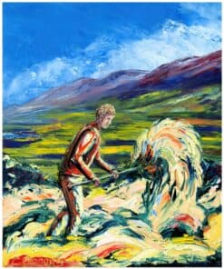 Bright landscape painting of a man hay-making in a lush, green field with mountains under a vibrant blue sky.