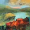 Vibrant landscape painting featuring lush greenery, colorful sky, and fiery red foreground, showcasing contemporary Irish art.