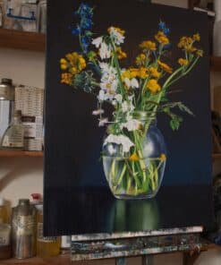 Vibrant floral still life painting of wildflowers in a glass vase, displayed at The Kildare Gallery, showcasing contemporary art and floral artistry.