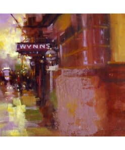 WYNNS sign on a wet city street during rain, vibrant impressionist painting style, colourful reflections, urban atmosphere, Kildare Gallery artwork.