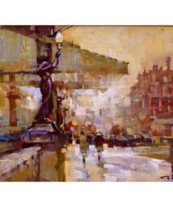 Pink and yellow abstract cityscape painting by The Kildare Gallery, featuring a bridge, statues, and reflections on Water Street.