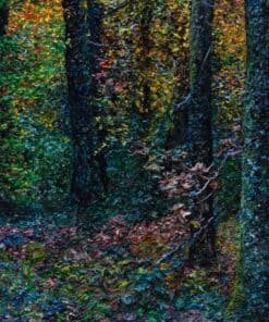 Vibrant abstract painting of a forest scene with colourful foliage and textured tree trunks.