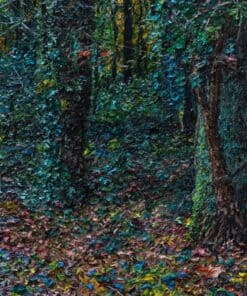 Vibrant woodland scene with dense leaves and tree trunks at The Kildare Gallery.