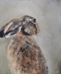 Soft grey background with a realistic painting of a brown rabbit, highlighting wildlife art.