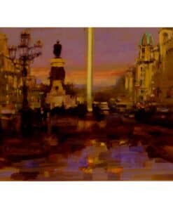Modern urban painting of Kildare town square, highlighting historic architecture and city life.