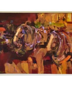 Vibrant abstract painting of three horses in warm earthy tones.