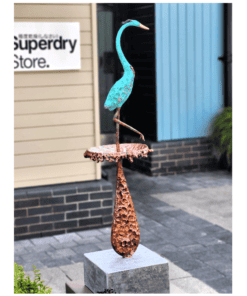 Heron sculpture outdoor art piece at The Kildare Gallery showcasing contemporary Irish artworks.