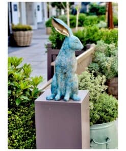 Rustic blue hare sculpture, unique outdoor garden art at The Kildare Gallery in Ireland.