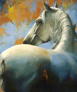 Silent white horse in a contemporary art painting, vibrant abstract background.