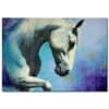 Elegant white horse painting with vibrant blue and purple background at The Kildare Gallery in Ireland.