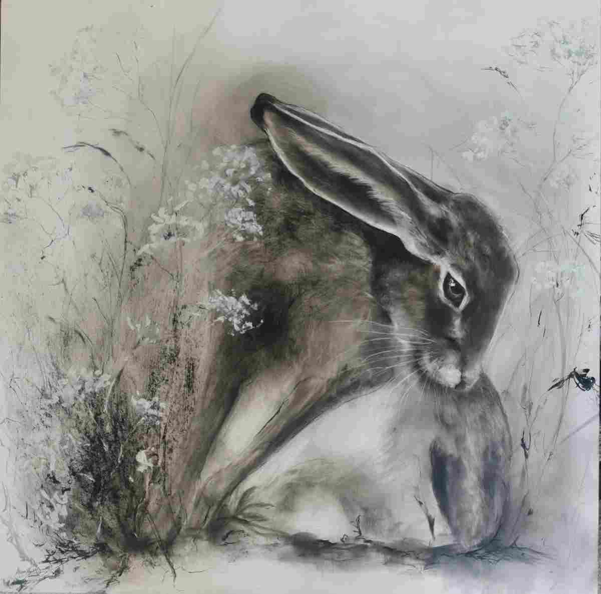 Soft monochrome rabbit artwork with floral accents, displayed at The Kildare Gallery, showcasing contemporary animal art.