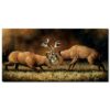 Majestic wildlife painting of two deer locked in combat featuring a prominent antler rack.