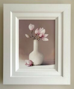 Magnolia flowers in a white vase, artwork displayed at The Kildare Gallery.