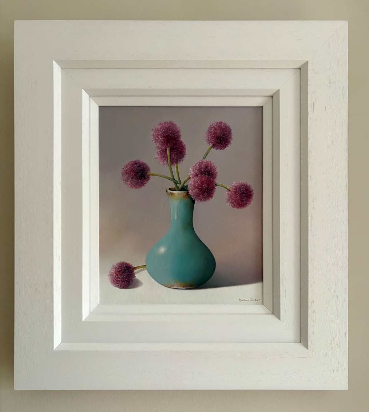 Vase with pink allium flowers artwork at The Kildare Gallery, contemporary Irish art piece.