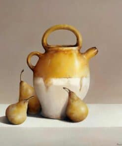 Golden ceramic teapot with pears, modern art piece at The Kildare Gallery in Ireland.