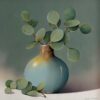 Green eucalyptus leaves in a ceramic vase, contemporary art floral still life.