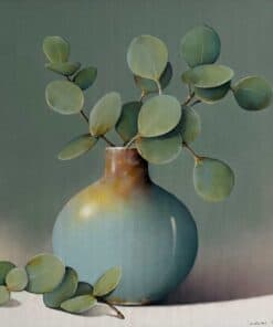 Green eucalyptus leaves in a ceramic vase, contemporary art floral still life.