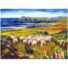 Sheep grazing on the Irish coast landscape with sea, hills, and sky in vibrant colours.