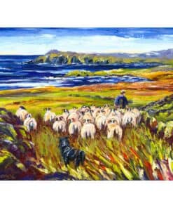Sheep grazing on the Irish coast landscape with sea, hills, and sky in vibrant colours.
