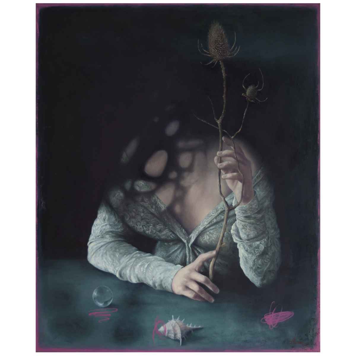 Delicate painting of a girl holding a thistle flower with mysterious shadowed face, surreal art by The Kildare Gallery.