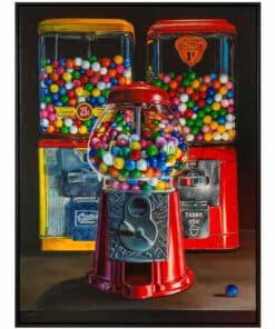Colourful gumball machine with red accents and candy-filled dispensers in a vintage arcade style.
