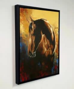 Vibrant portrait of a brown horse with a colourful abstract background.