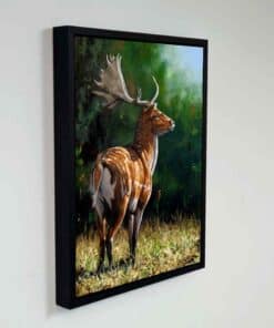 Vivid artwork of a deer with antlers in a green forest setting at The Kildare Gallery, showcasing contemporary or nature-inspired art.
