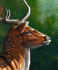 Vivid painting of a stag with impressive antlers against a green forest background.