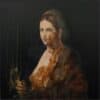 Aged oil painting of a woman with a serious expression, partially damaged with visible rust-like patches.