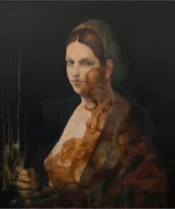 Aged oil painting of a woman with a serious expression, partially damaged with visible rust-like patches.