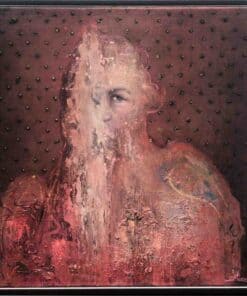 Fragmented portrait of a woman with textured, abstract background showcasing contemporary art at The Kildare Gallery.